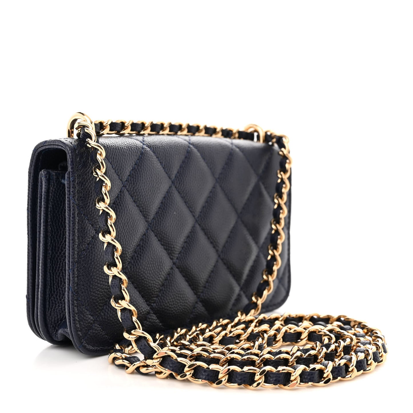 Caviar Quilted Pocket Twins Clutch With Chain Navy Blue