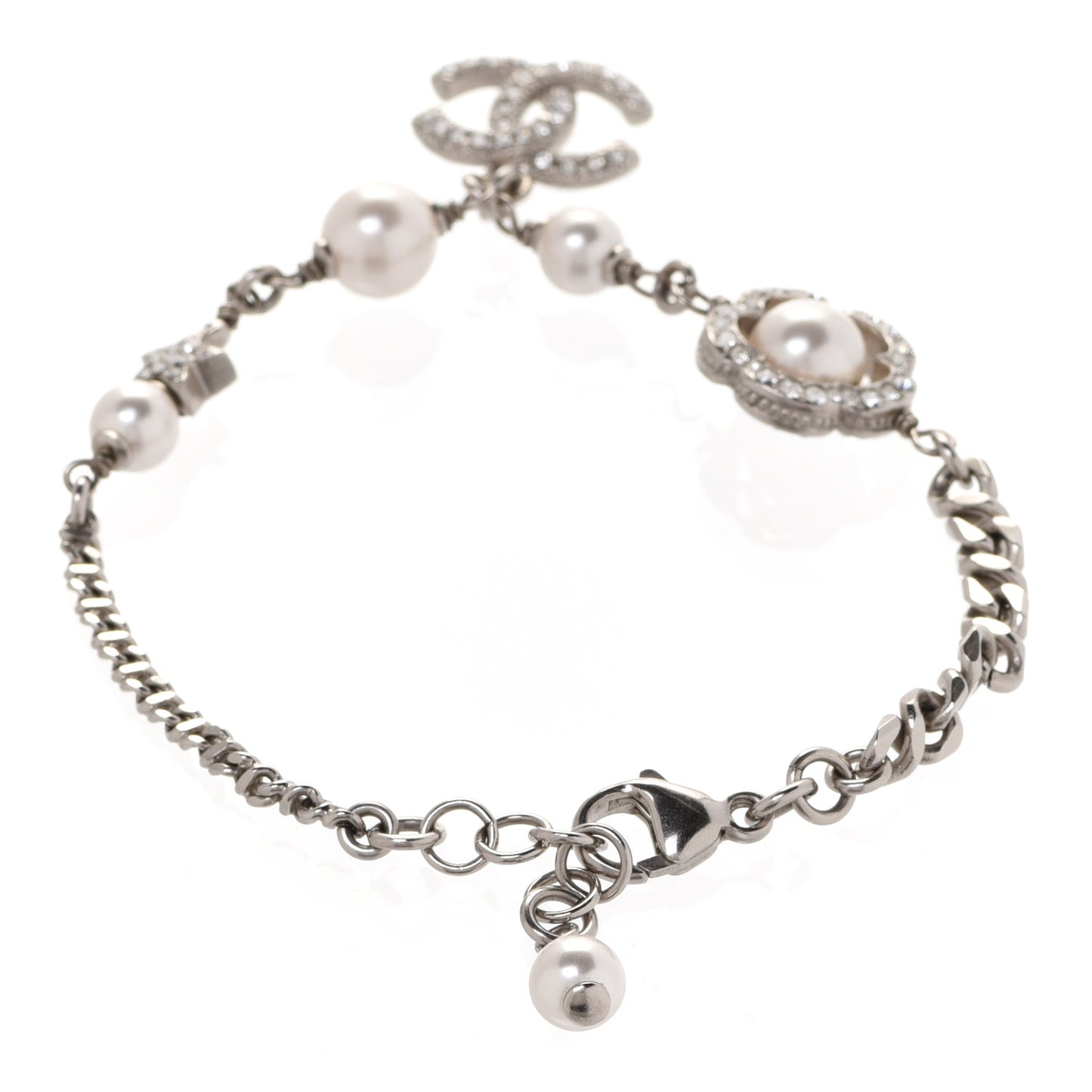 Crystal Pearl Camellia CC Coco Flapper Bracelet Silver