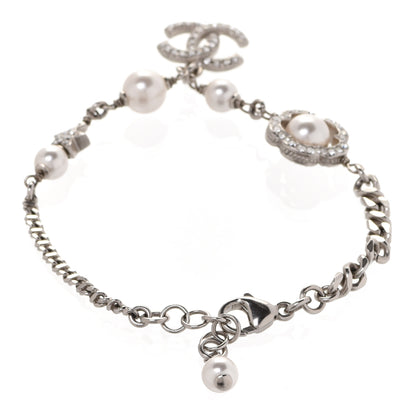 Chanel Crystal Pearl Camellia CC Coco Flapper Bracelet Silver 3 of 5