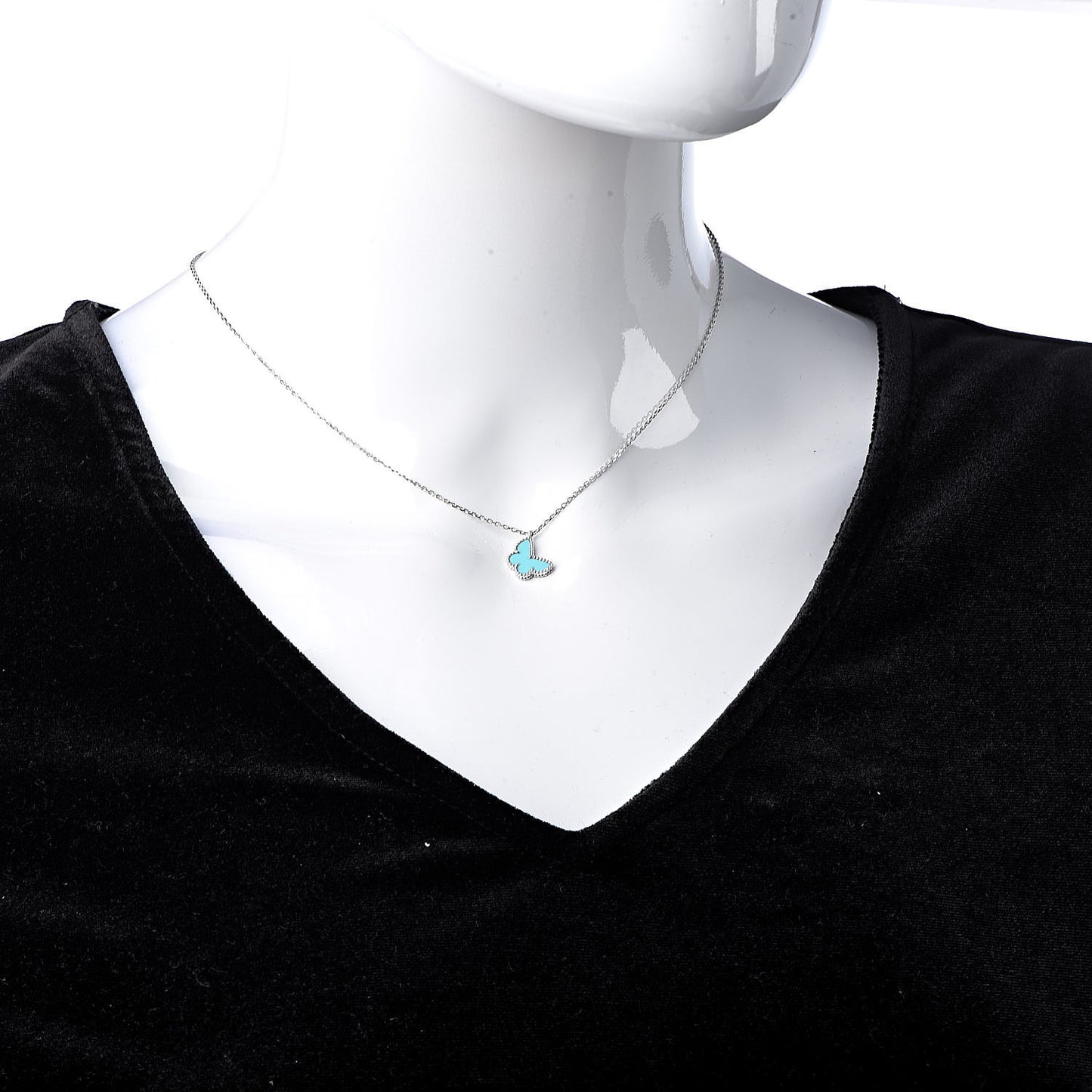 18K White Gold Turquoise Sweet Alhambra Butterfly Pendant Necklace