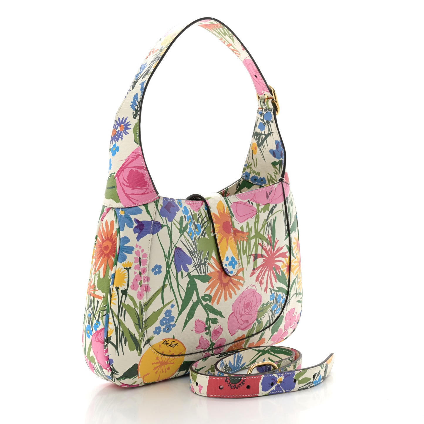 X KEN SCOTT New Shangai Calfskin Jardin D'Avril Floral Print Small Jackie 1961 Hobo Ivory Pink
