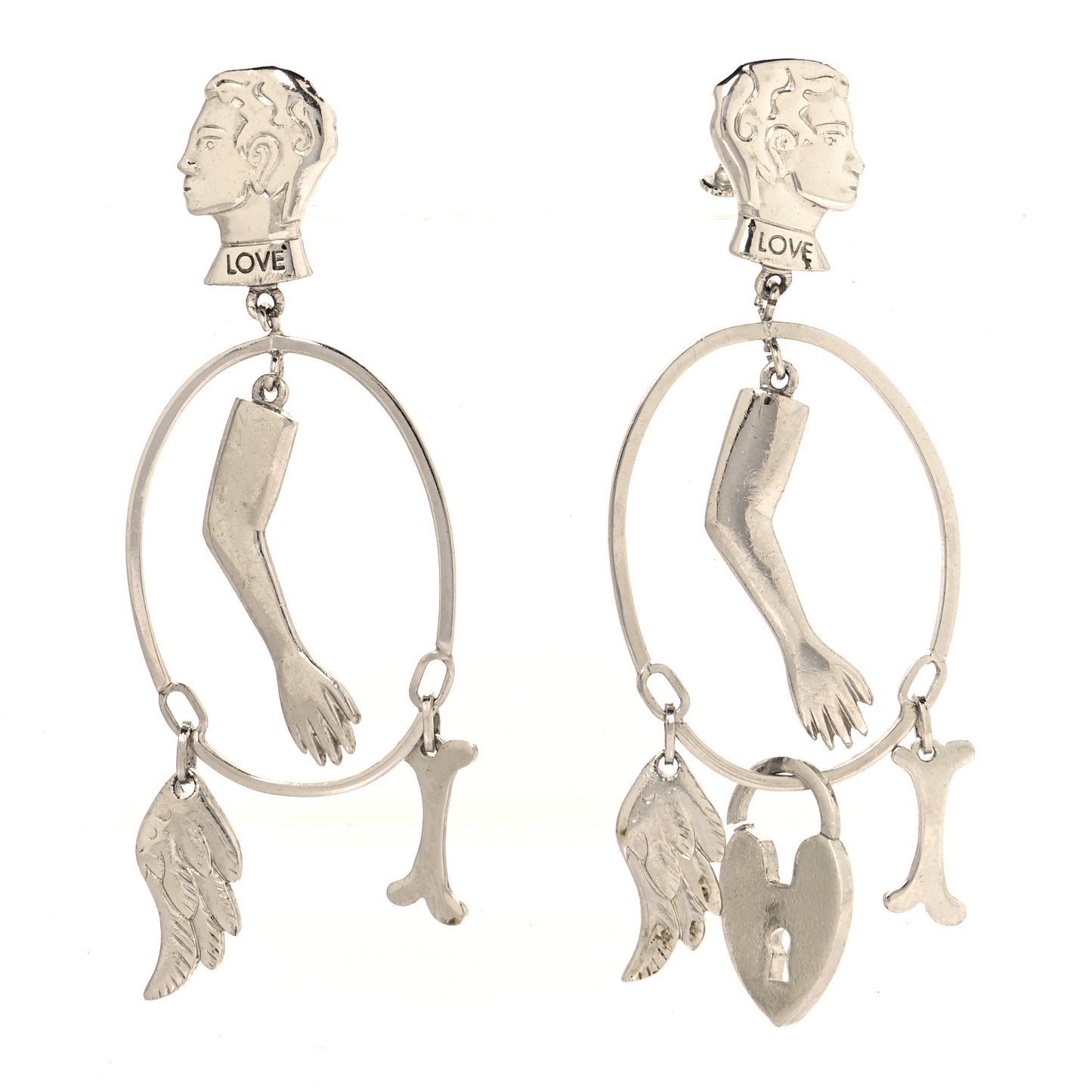 Metal Multi Charm Oval Clip On Drop Earrings Silver