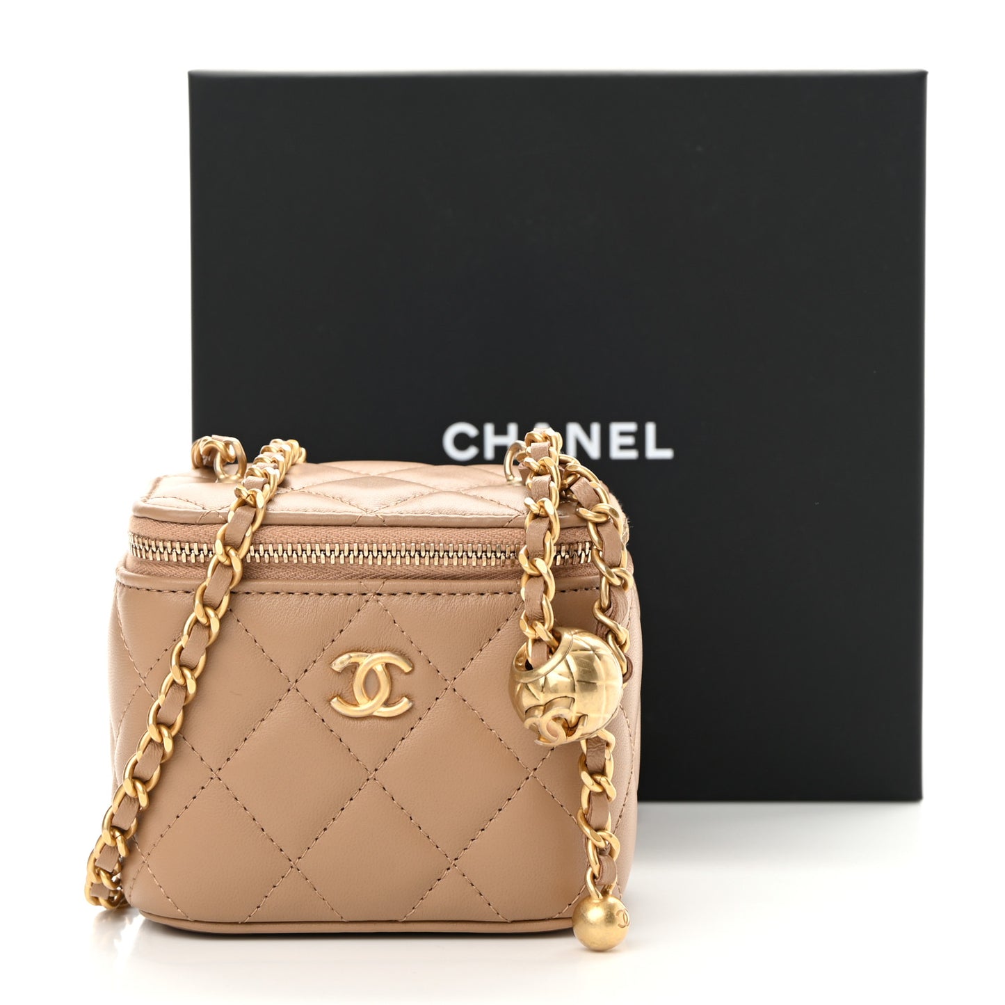 Lambskin Quilted Pearl Crush Mini Vanity Case With Chain Beige