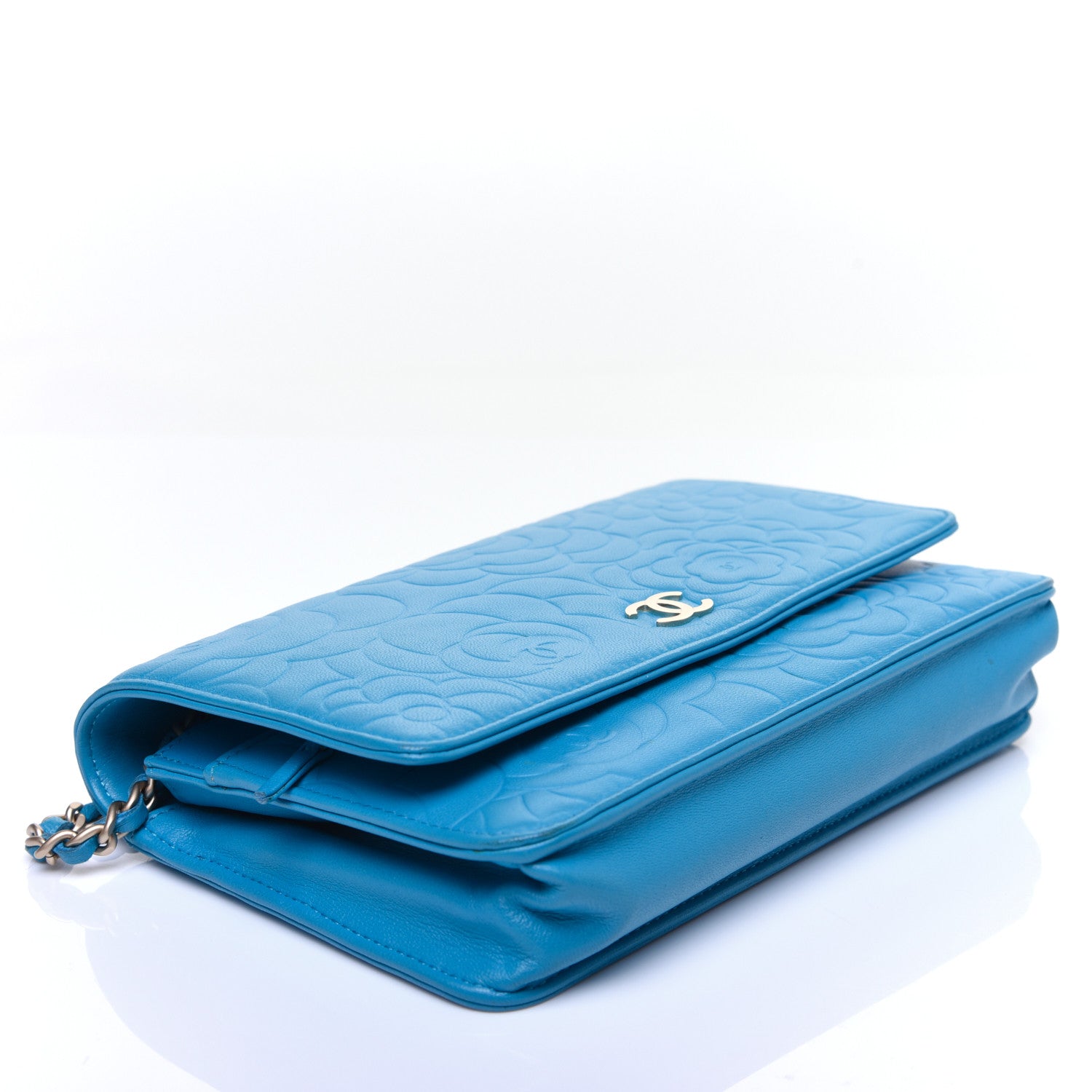 Chanel Lambskin Camellia Embossed Wallet On Chain WOC Turquoise 4 of 12