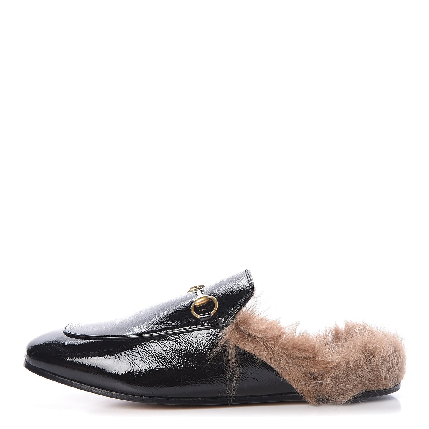 Patent Fur Womens Princetown Slippers 38.5 Black Natural