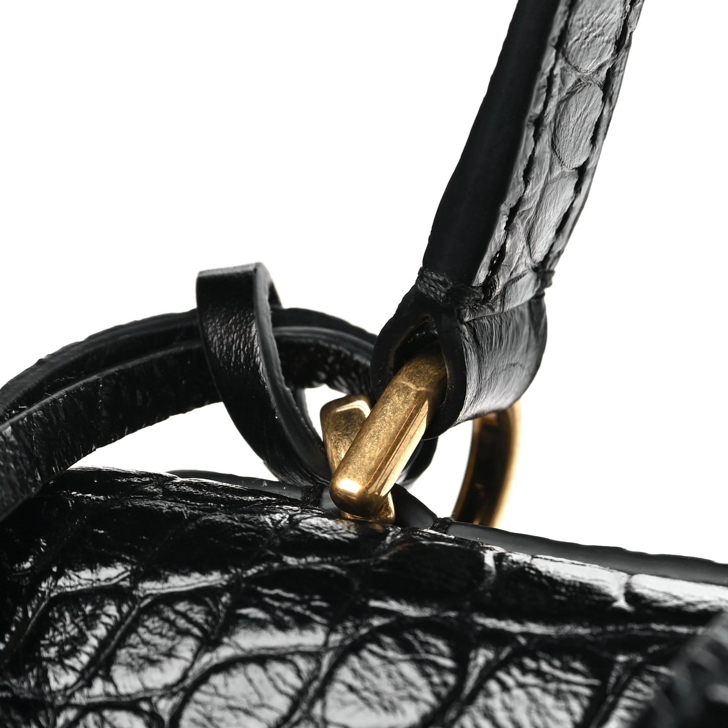Shiny Calfskin Crocodile Embossed Medium Rodeo Top Handle Handbag Black
