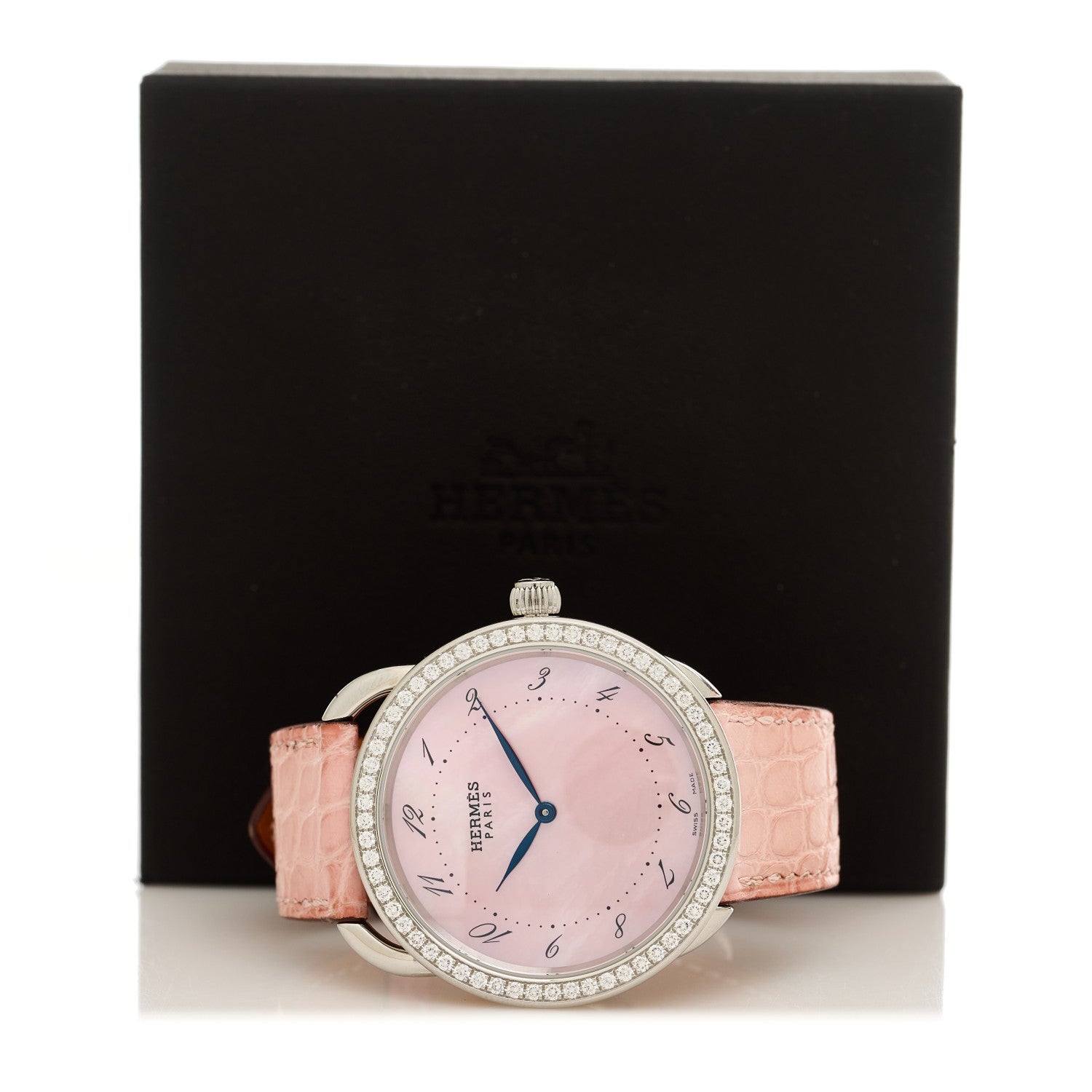 Hermes Stainless Steel Alligator Diamond Bezel Pink Mother of