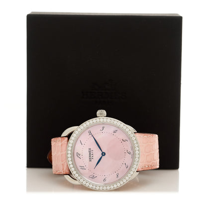 Hermes Stainless Steel Alligator Diamond Bezel Pink Mother of Pearl 38mm Arceau Quartz Watch 5 of 5