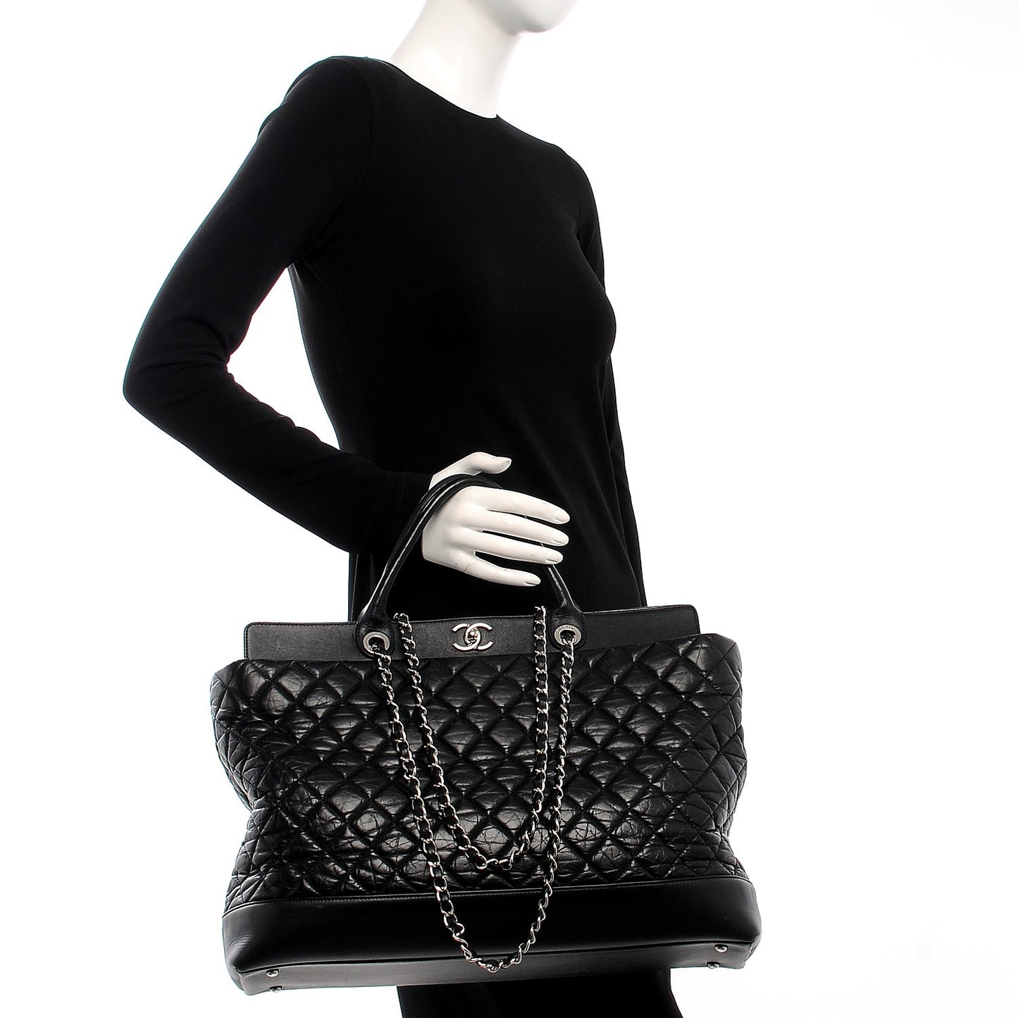 Aged Calfskin Quilted Be CC Tote Black