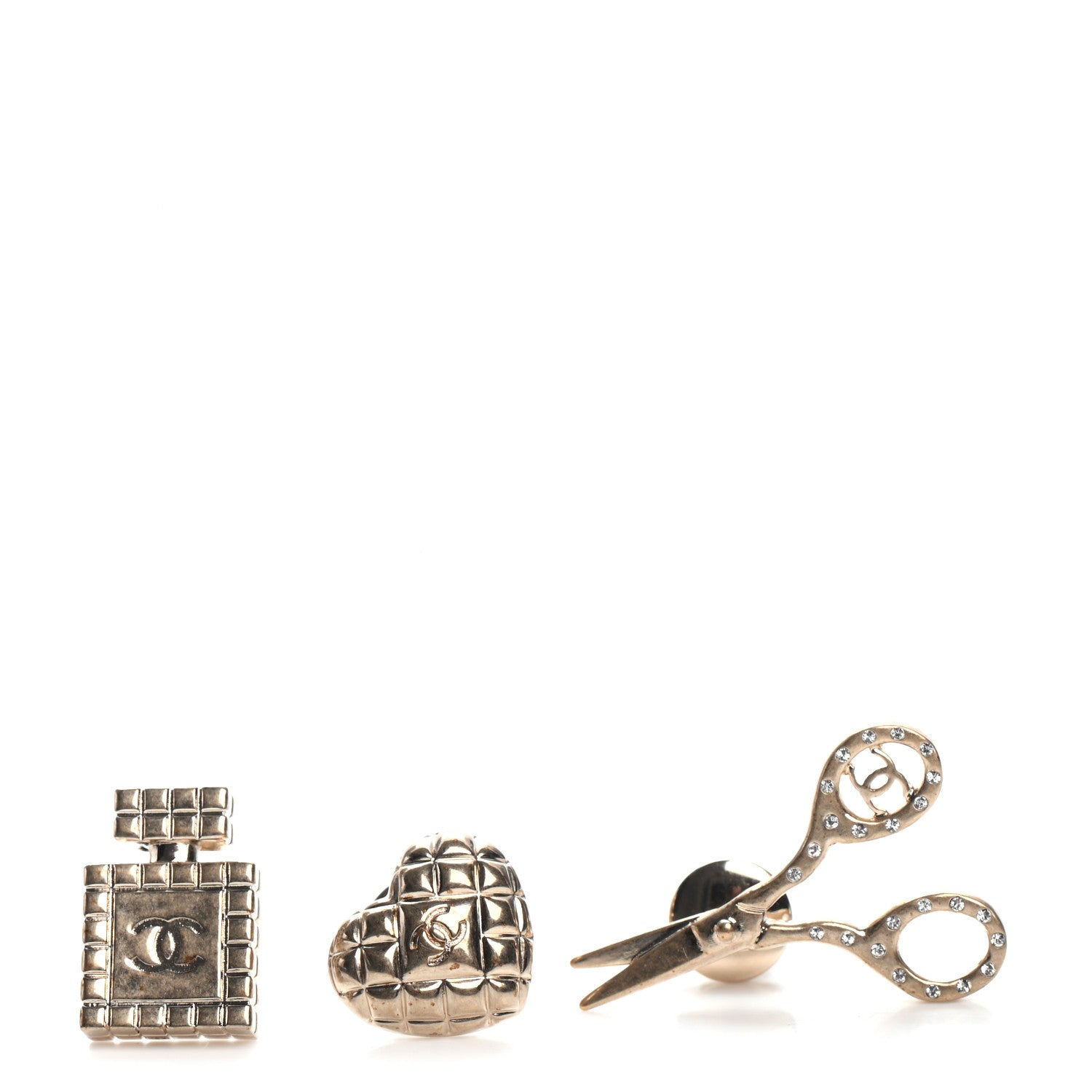 Chanel Metal Strass Crystal Quilted CC Heart Scissors Perfume Brooch Set Gold 1 of 4