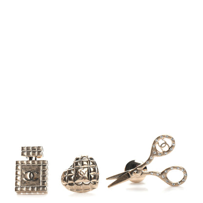 Chanel Metal Strass Crystal Quilted CC Heart Scissors Perfume Brooch Set Gold 1 of 4