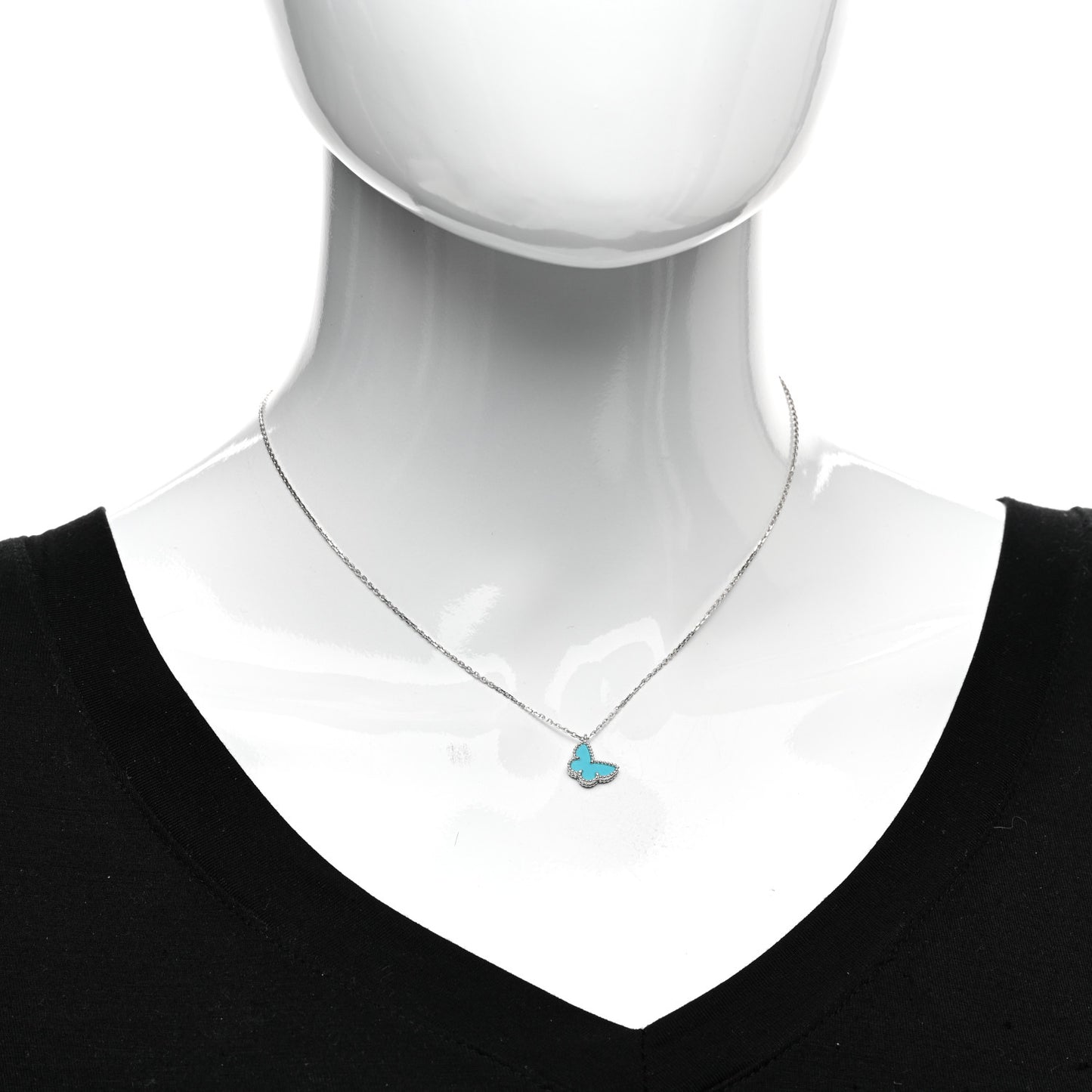 18K White Gold Turquoise Sweet Alhambra Butterfly Pendant Necklace