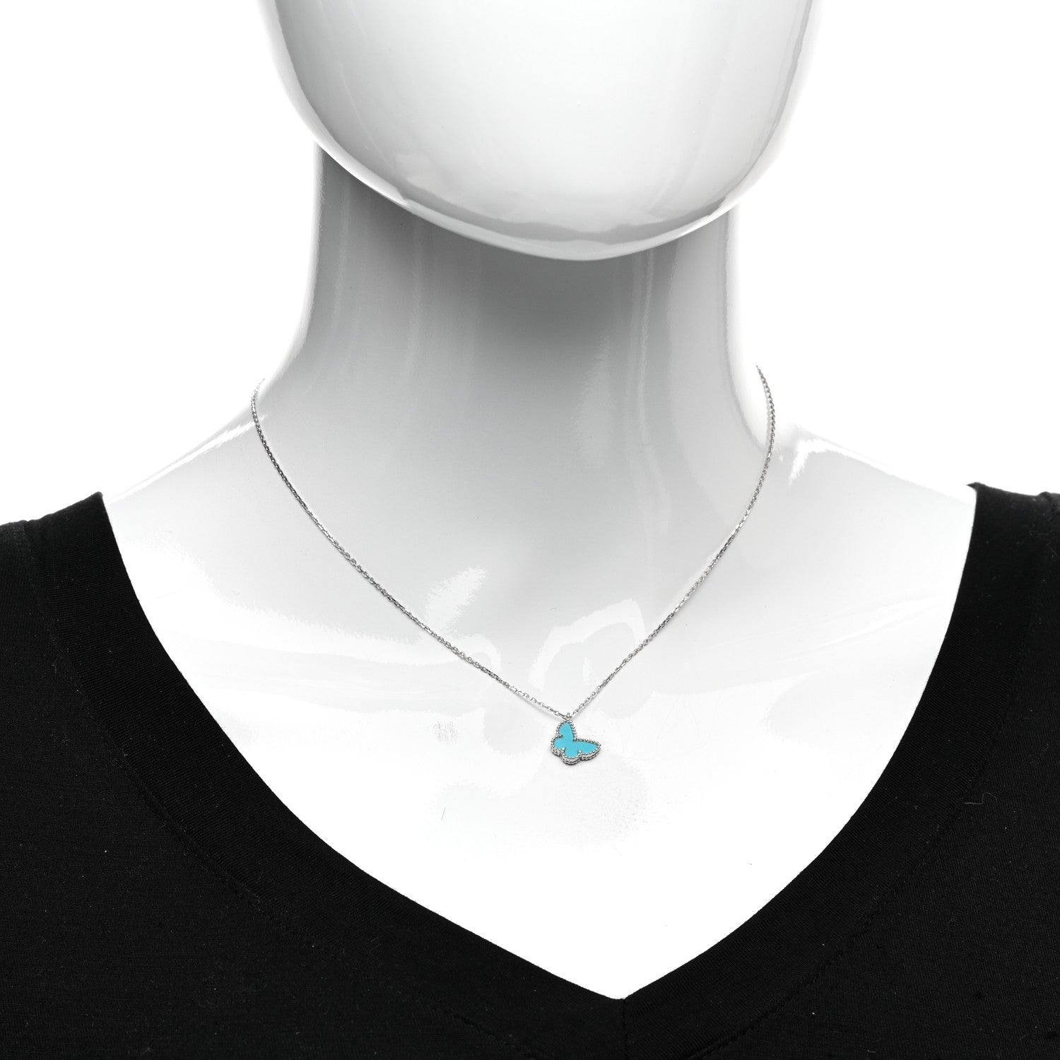 Van Cleef & Arpels 18K White Gold Turquoise Sweet Alhambra Butterfly Pendant Necklace 2 of 6