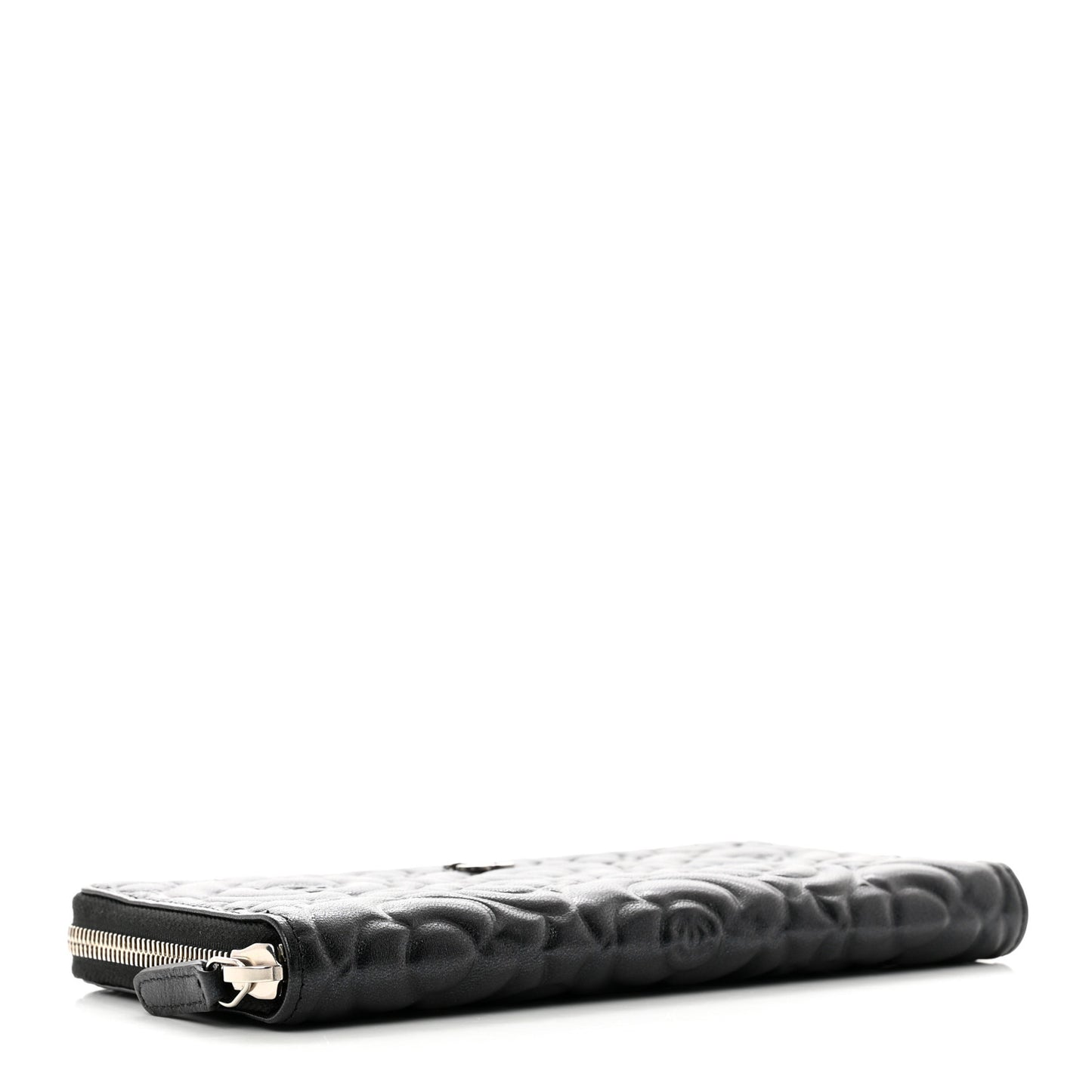Iridescent Lambskin Camellia Embossed Large Zip Around Gusset Wallet Black
