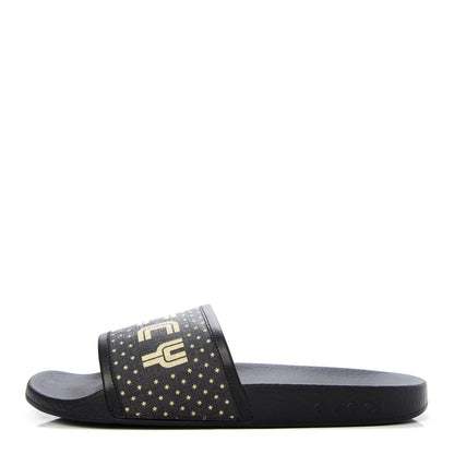Gucci X SEGA Supreme Canvas GUCCY Stars Womens Slide Sandals 39 Black Gold 1 of 8