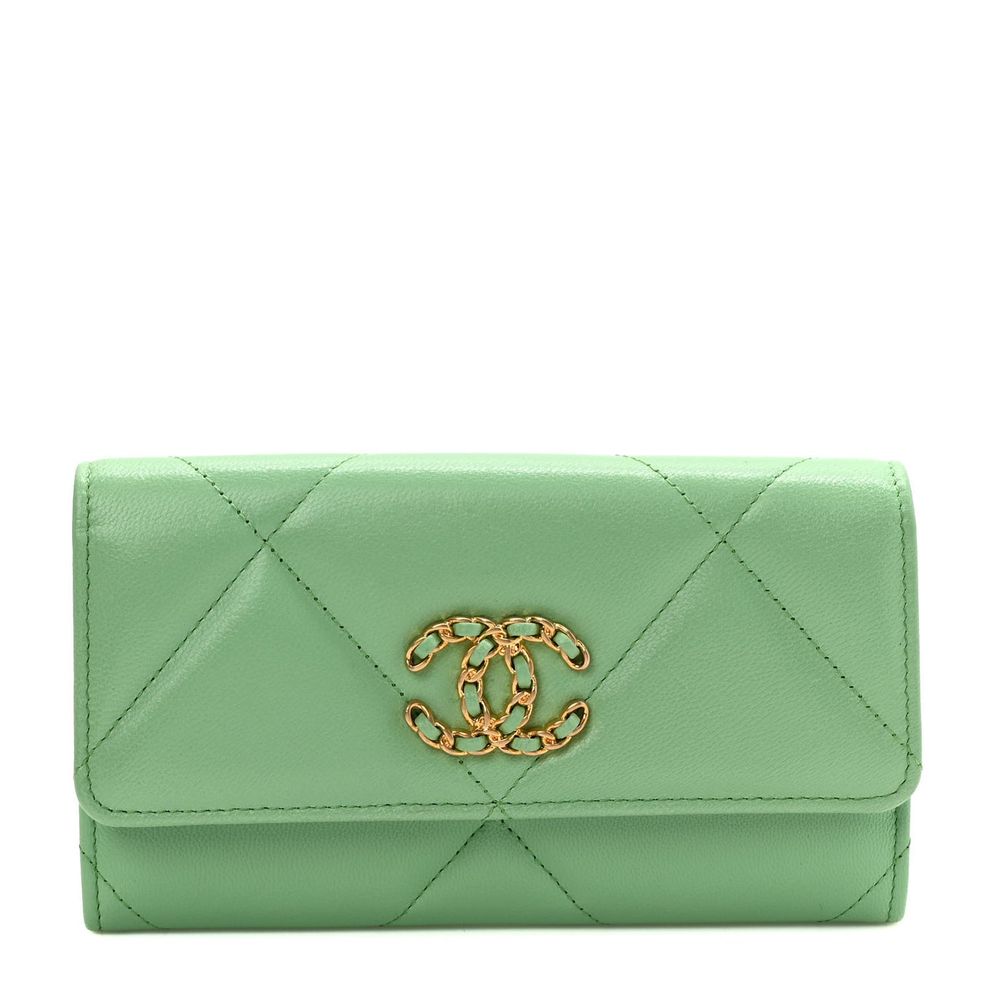 Lambskin Quilted Chanel 19 Flap Wallet Green