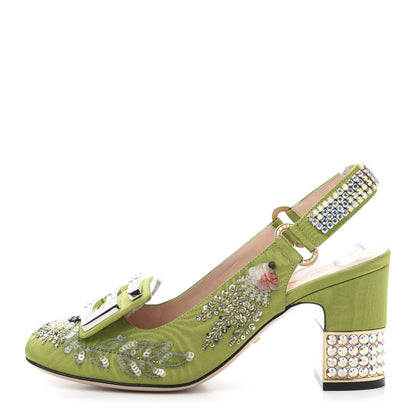 Gucci Moire Fabric Eyes Crystal Square G Madelyn Slingbacks 37 Lemon Leaf 1 of 10