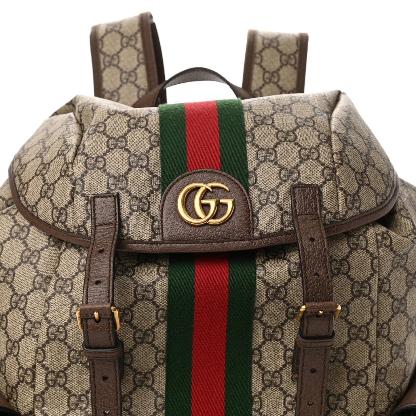 GG Supreme Monogram Medium Ophidia Double Buckle Backpack Brown