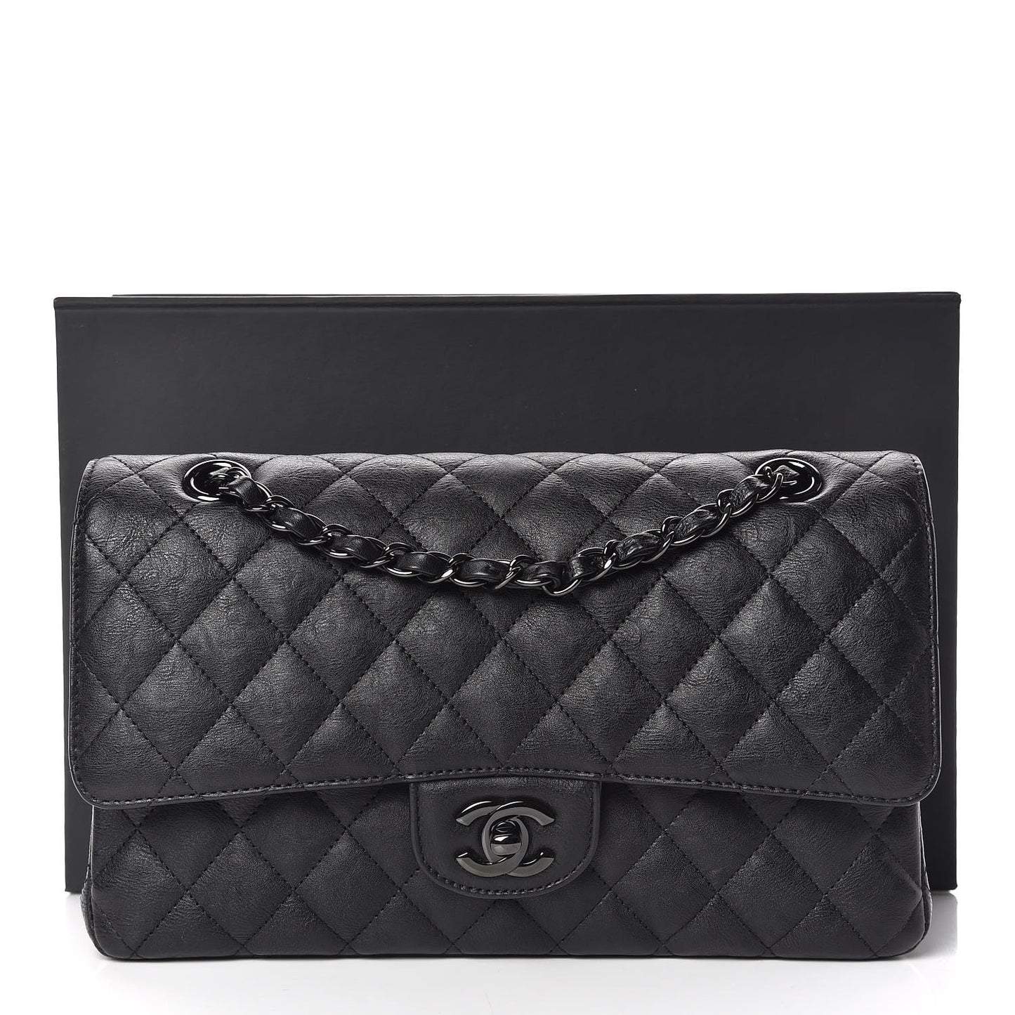 Crumpled Calfskin Quilted Medium Double Flap So Black