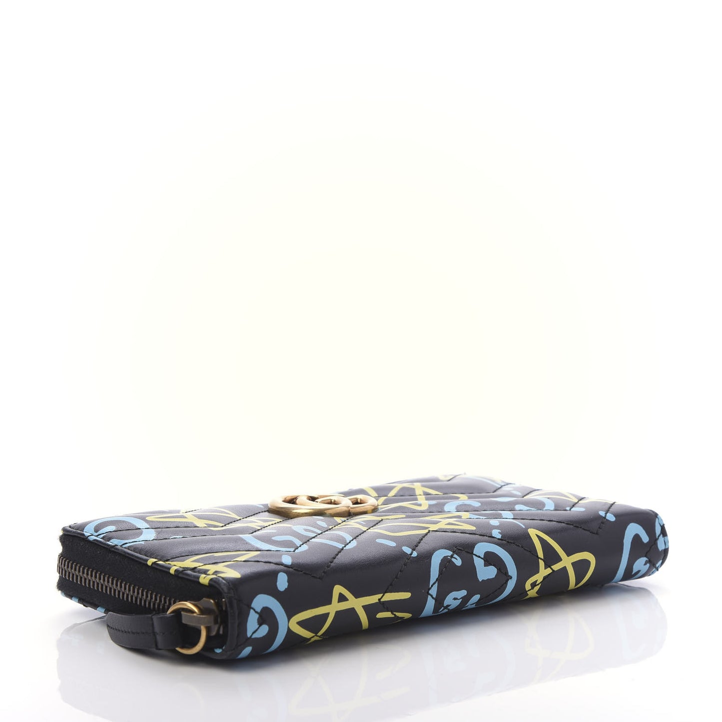 Calfskin Matelasse GucciGhost GG Marmont Zip Around Wallet Black New Acquamarine