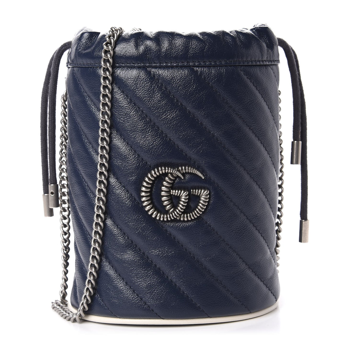Vintage Effect Calfskin Matelasse Diagonal Mini Torchon GG Marmont 2.0 Bucket Bag Blue Agata Mystic White