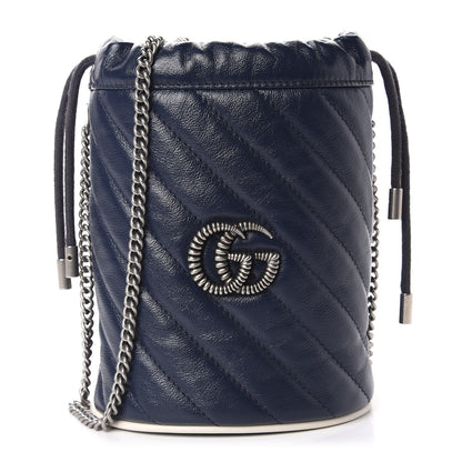 Gucci Vintage Effect Calfskin Matelasse Diagonal Mini Torchon GG Marmont 2.0 Bucket Bag Blue Agata Mystic White 1 of 11