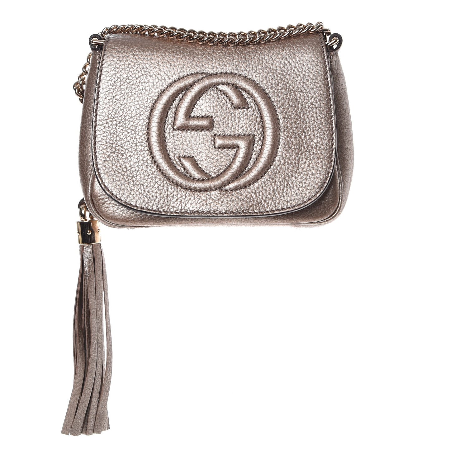 Metallic Pebbled Calfskin Small Soho Flap Crossbody Golden Beige
