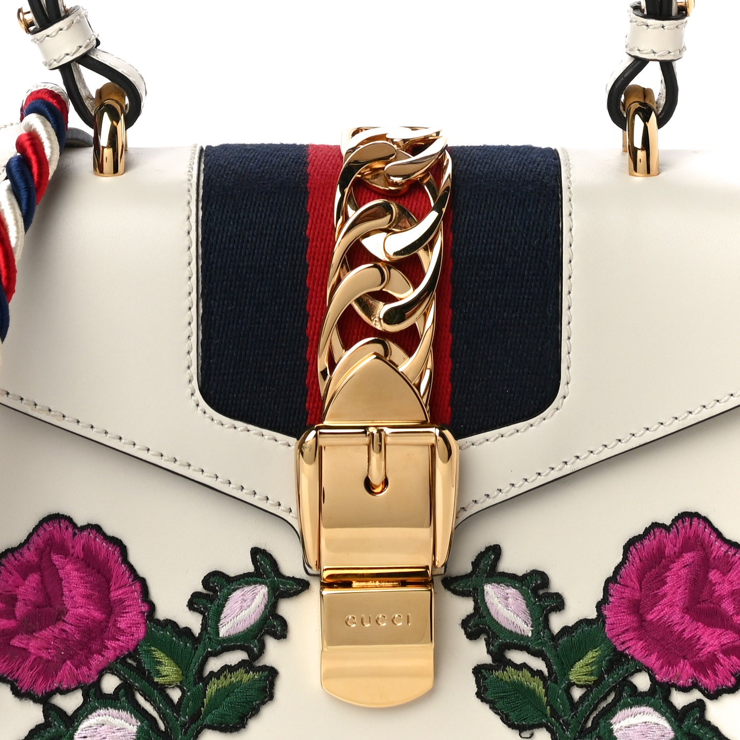 Calfskin Embroidered Mini Sylvie Top Handle Bag White