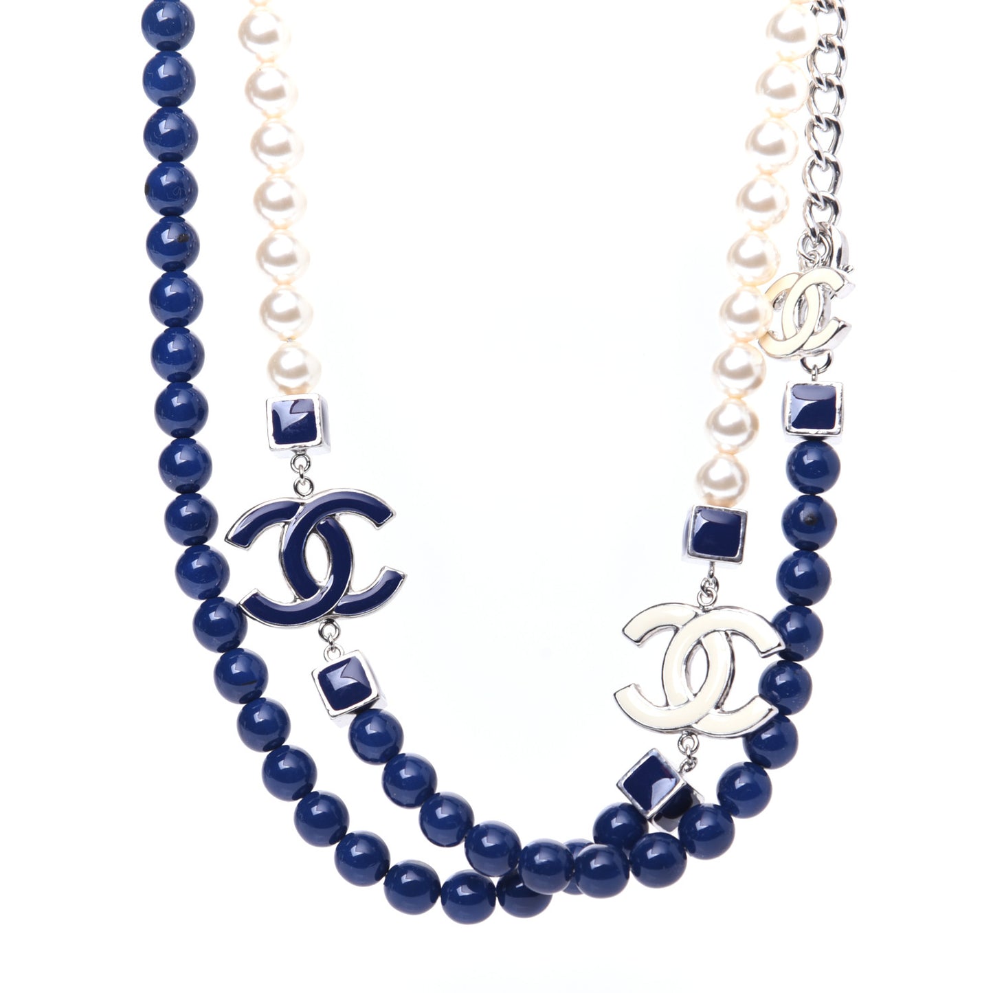 Pearl CC Long Necklace Pearly White Blue