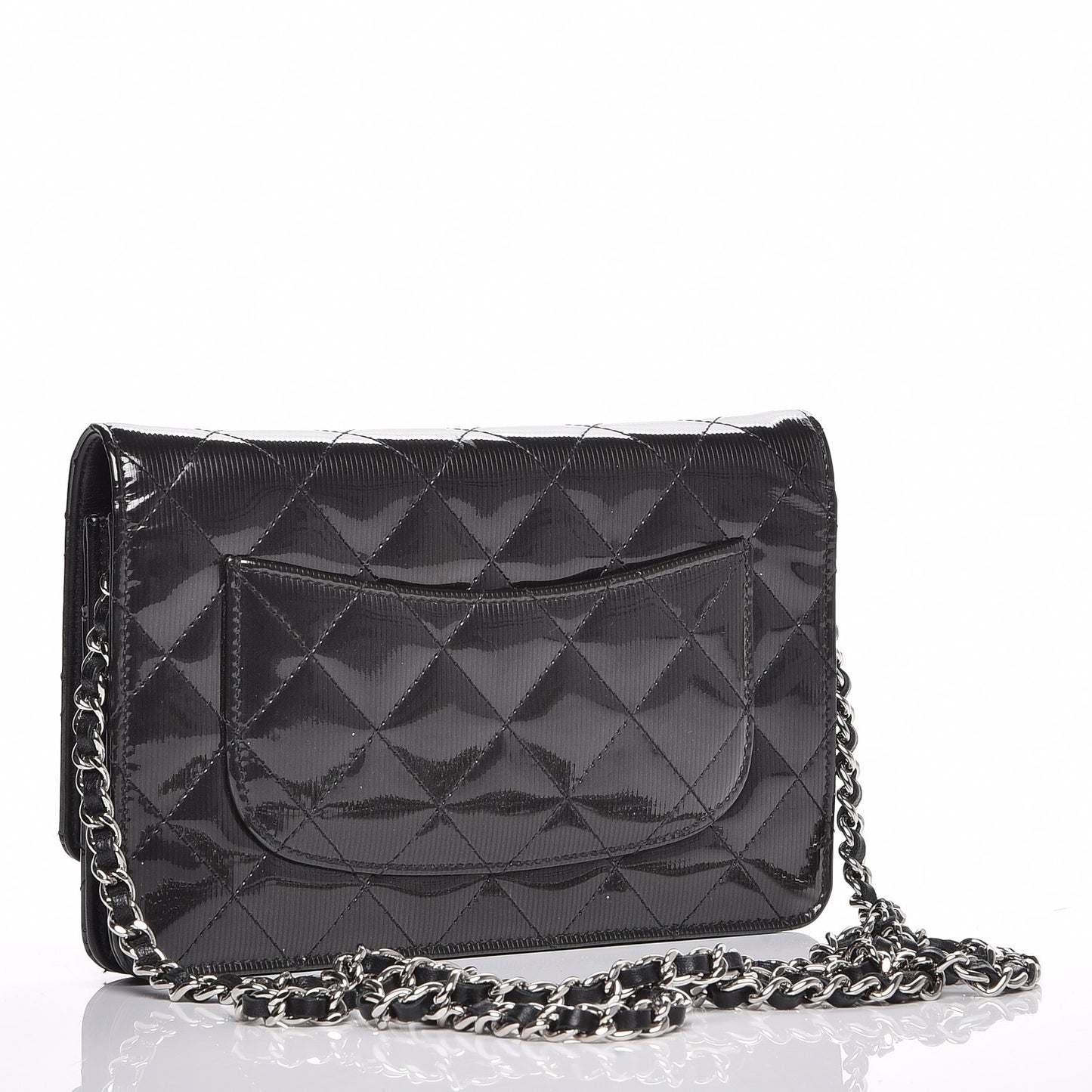 Striated Patent Quilted Wallet on Chain WOC Black