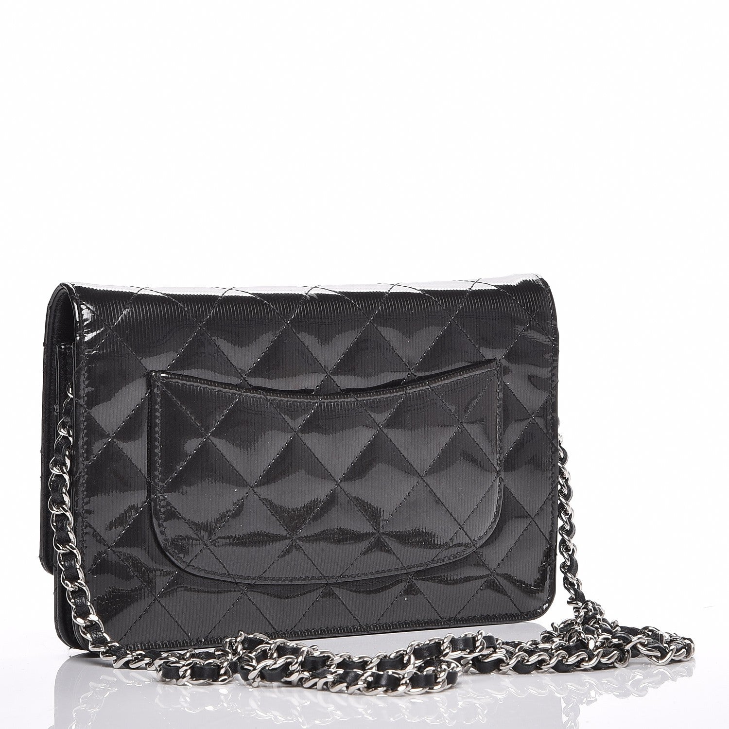 Chanel Striated Patent Quilted Wallet on Chain WOC Black 3 of 11