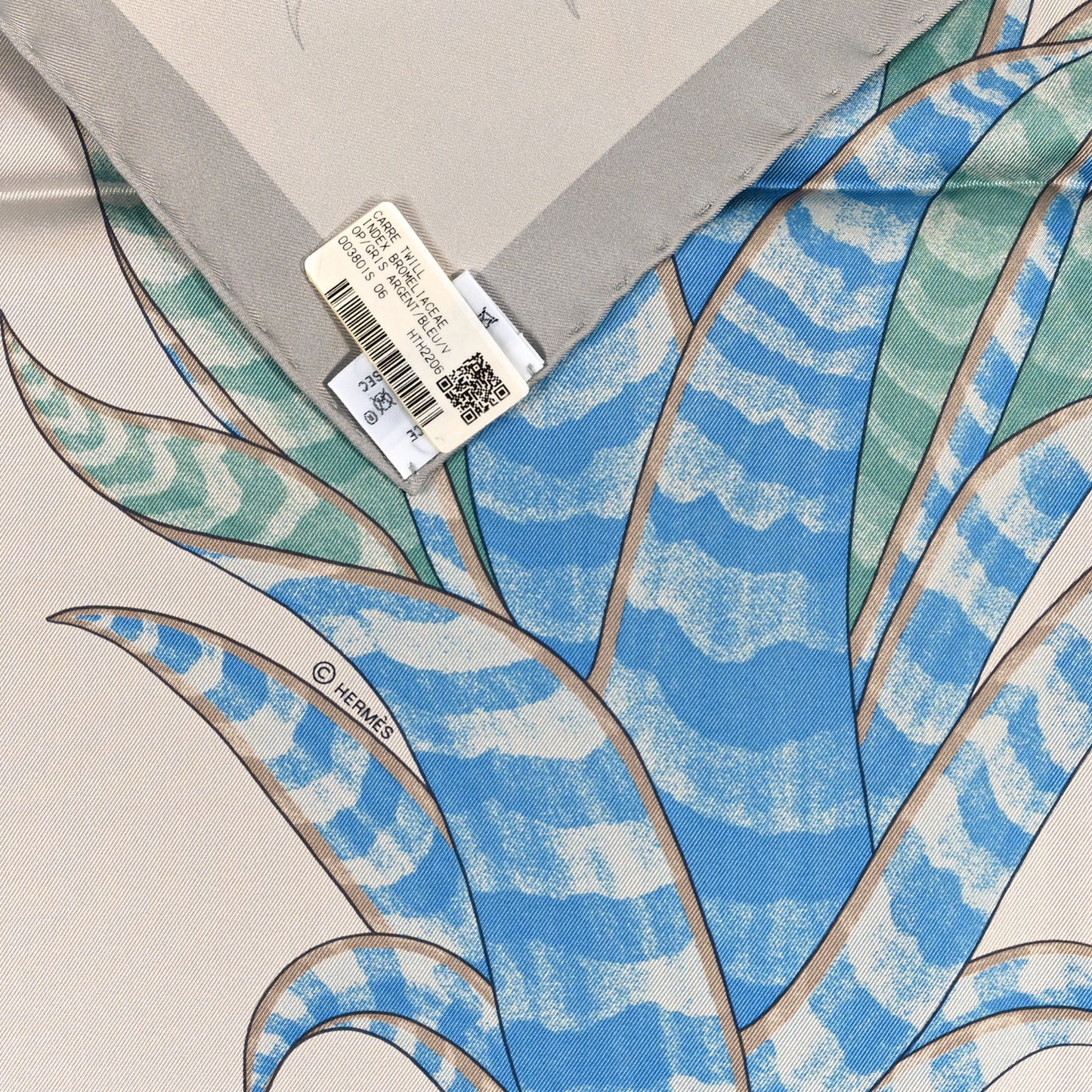 Silk Index Bromeliaceae Scarf 90 Gris Argent Bleu Vert Amande
