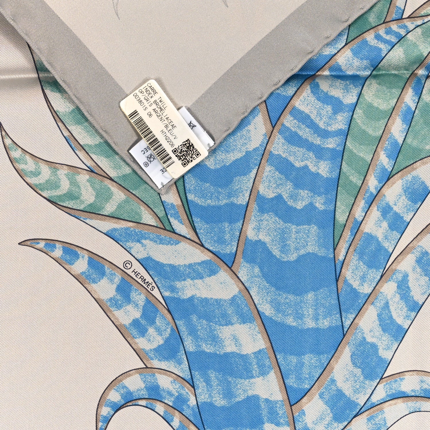 Hermes Silk Index Bromeliaceae Scarf 90 Gris Argent Bleu Vert Amande 3 of 5