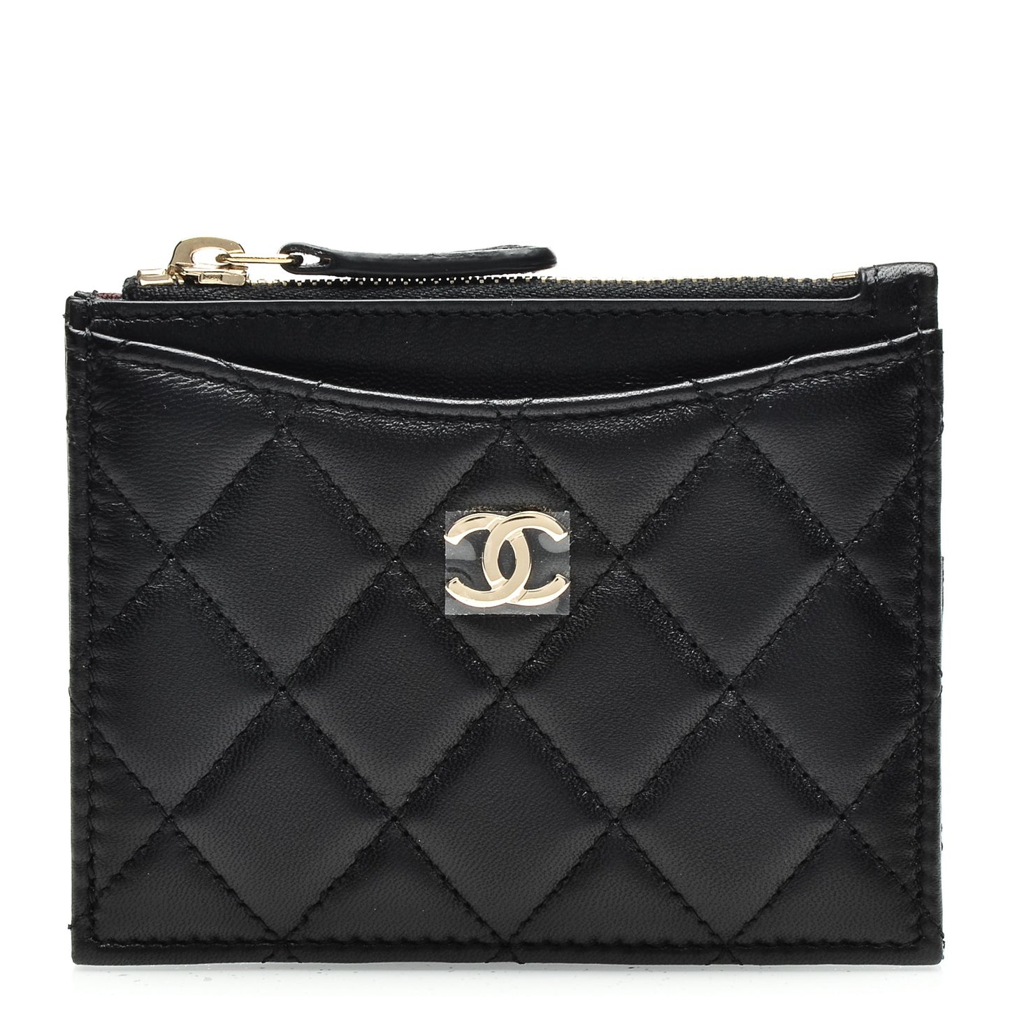 Lambskin Quilted Zip Card Holder Black