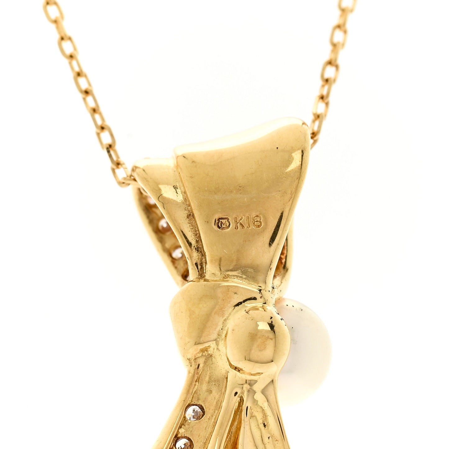 18K Yellow Gold Diamond Akoya Pearl 6mm Bow Drop Pendant Necklace