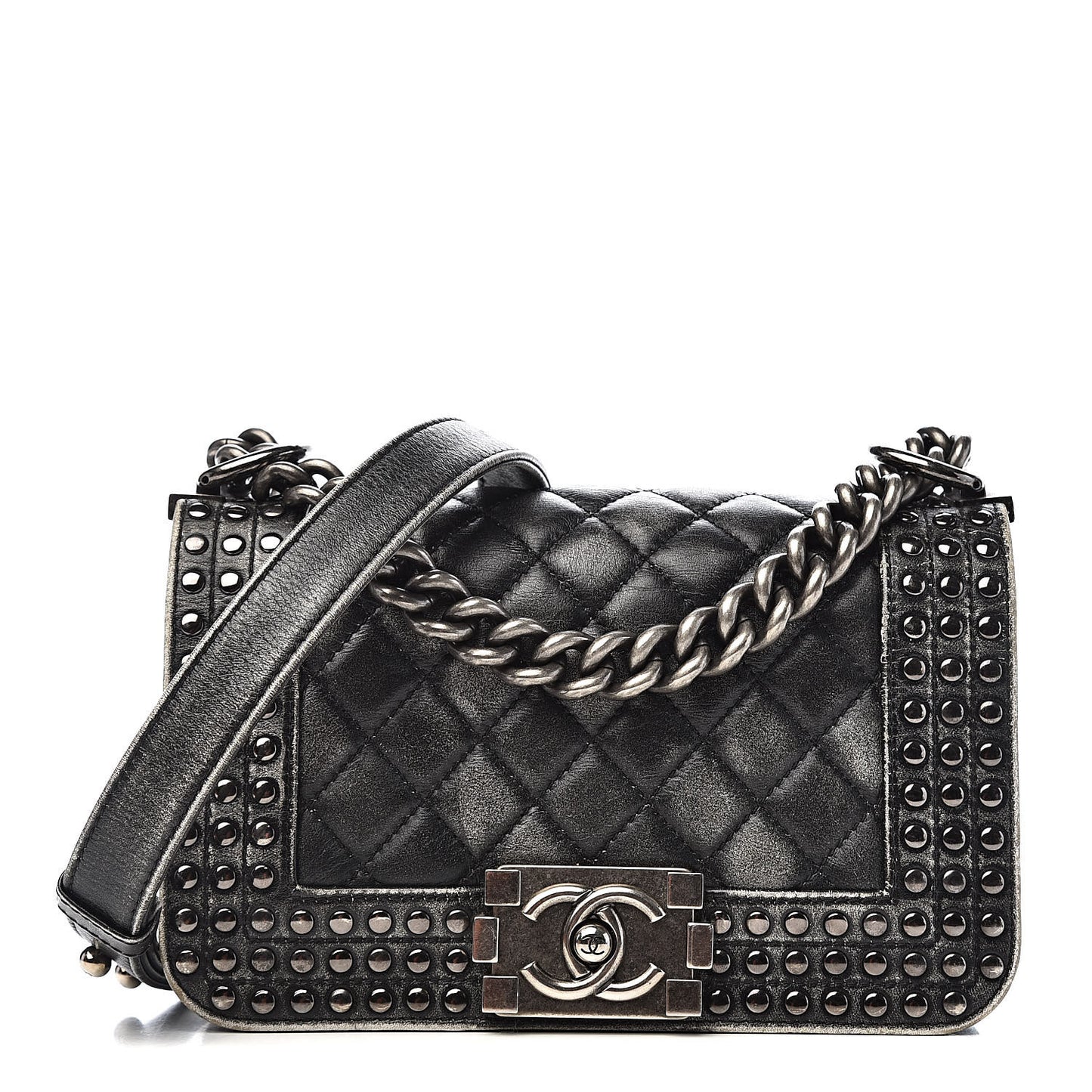 Faded Calfskin Quilted Small Studded Boy Flap Grey