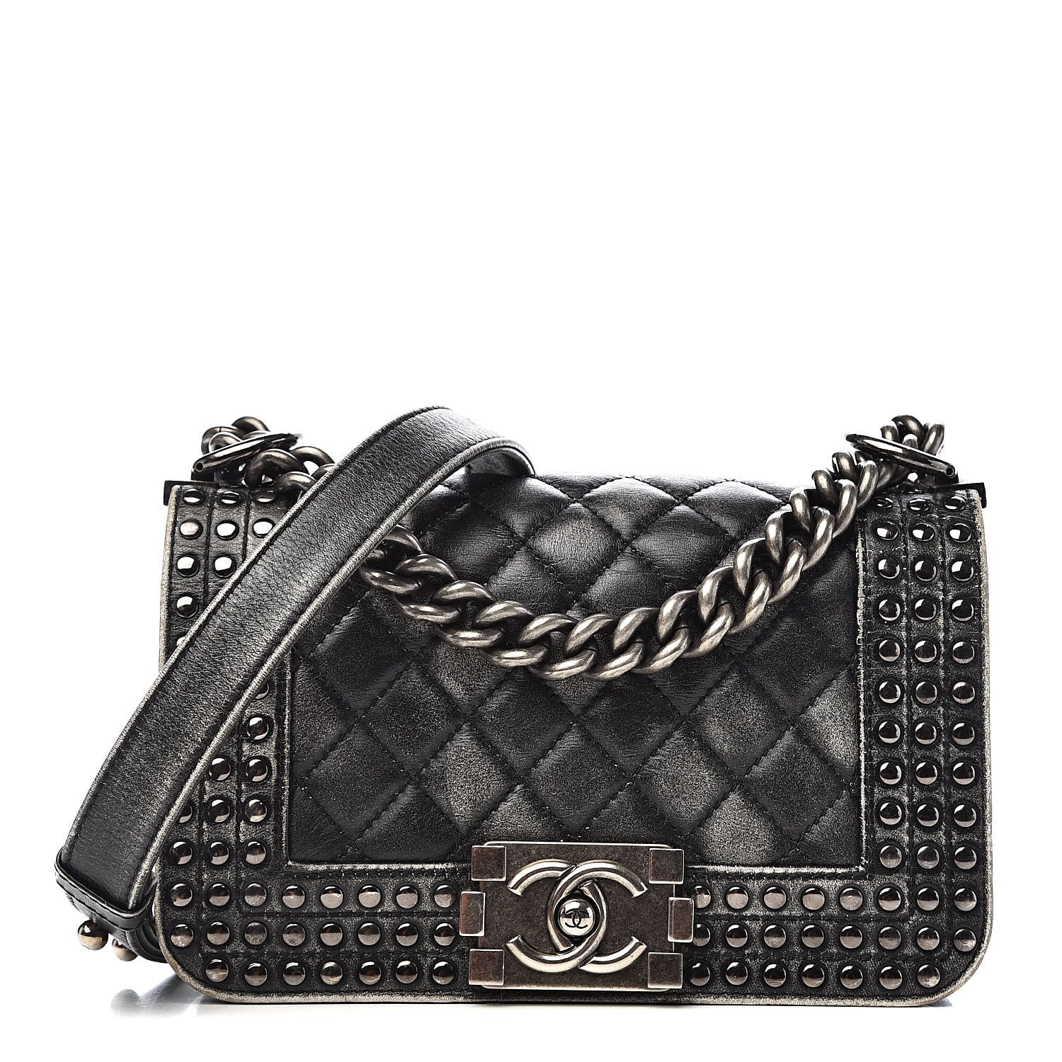 Chanel Faded Calfskin Quilted Small Studded Boy Flap Grey 1 of 13