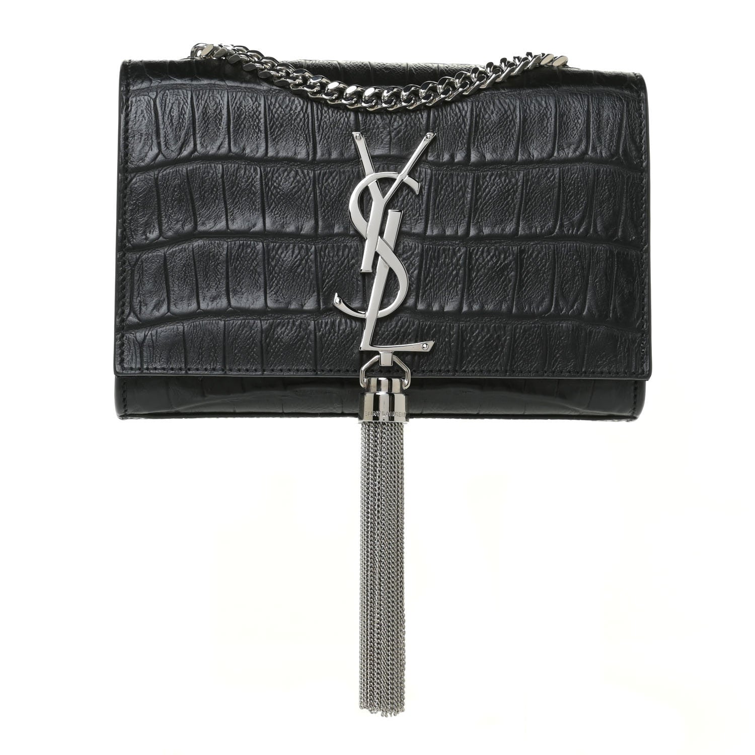 Saint Laurent Calfskin Crocodile Embossed Monogram Small Kate Tassel Satchel Black 1 of 9