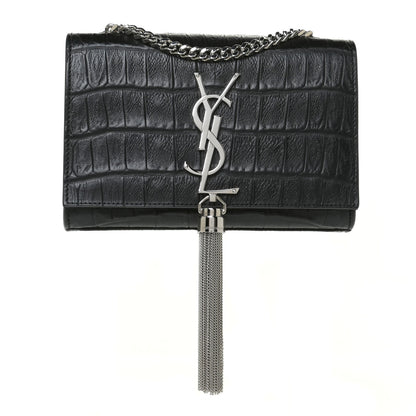 Saint Laurent Calfskin Crocodile Embossed Monogram Small Kate Tassel Satchel Black 1 of 9