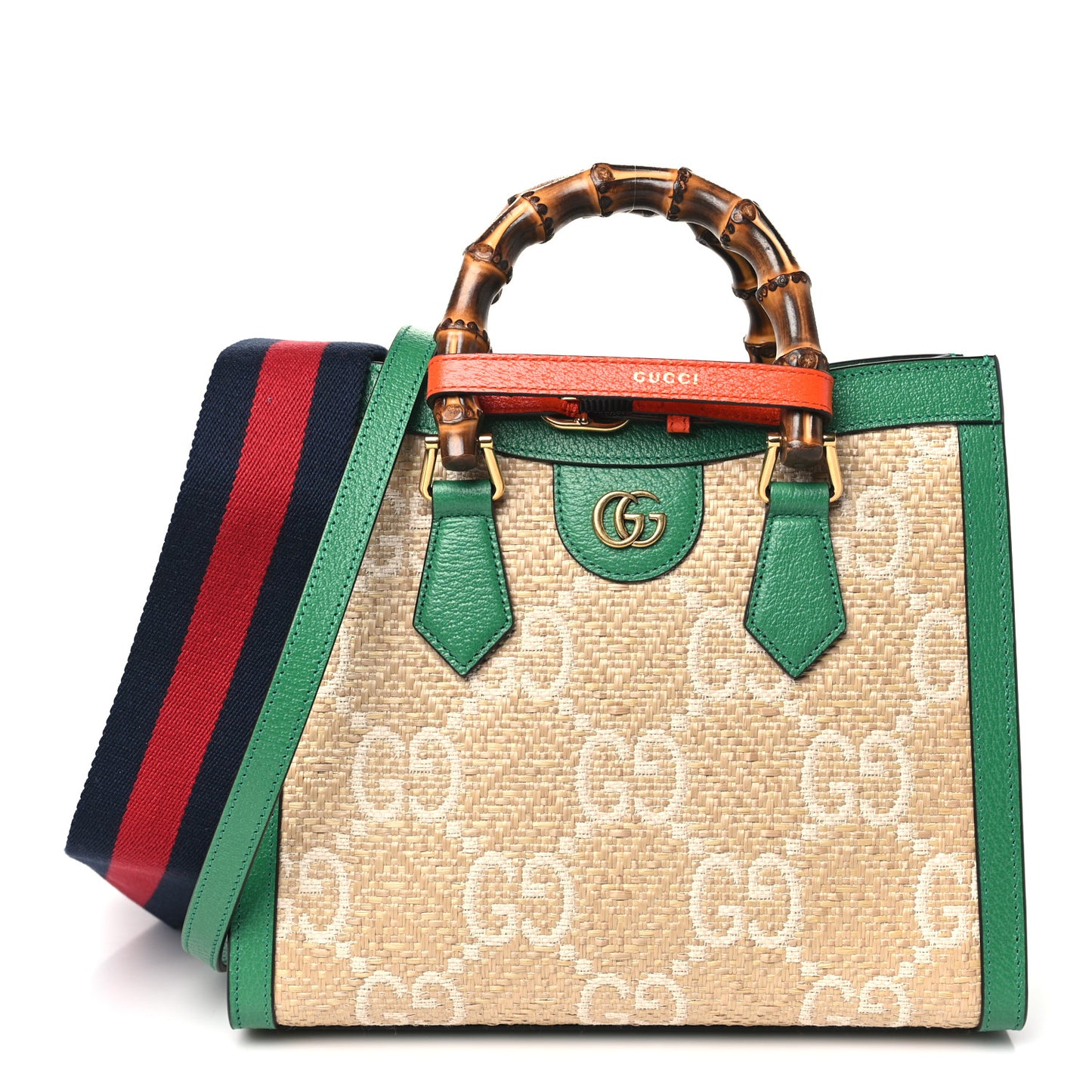 Raffia Textured Dollar Calfskin Web GG Monogram Small Diana Tote Bag Natural White New Shamarock Deep Orange