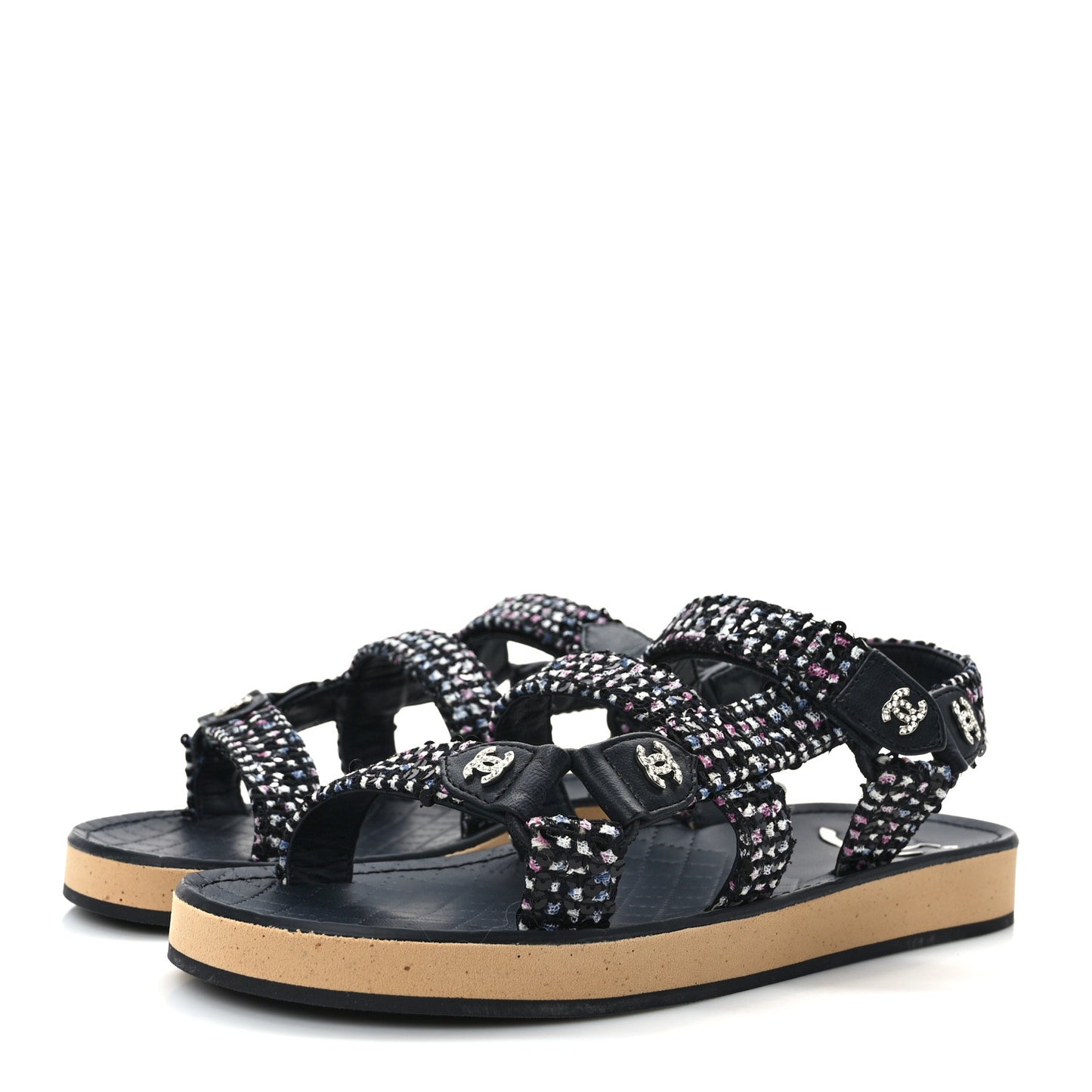 Glittered Tweed Lambskin Dad Sandals 37 Black Blue Pink White White