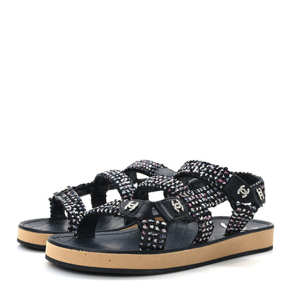 Chanel Glittered Tweed Lambskin Dad Sandals 37 Black Blue Pink White White 3 of 9