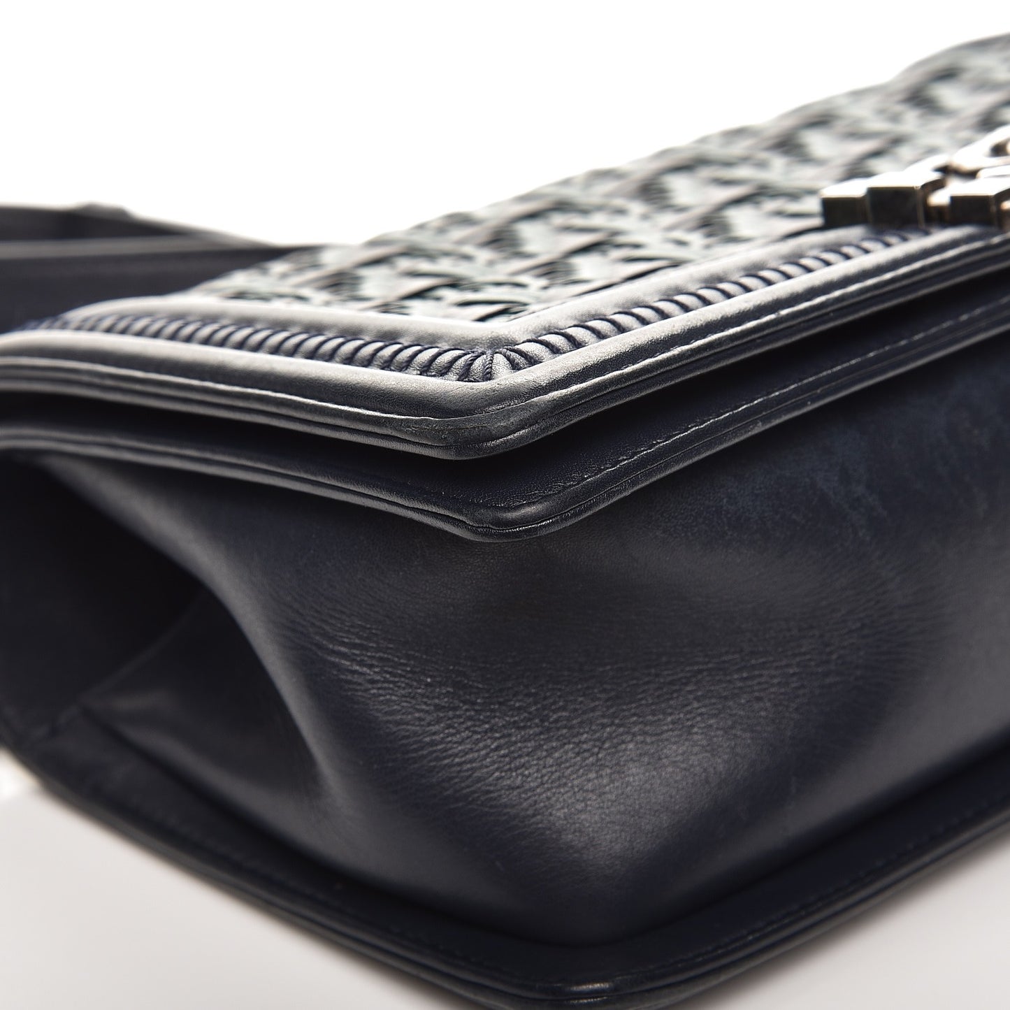 Calfskin Woven Medium Boy Flap Navy Green