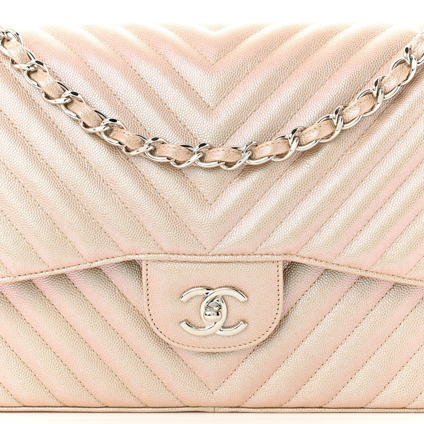 Metallic Caviar Chevron Quilted Jumbo Double Flap Light Gold
