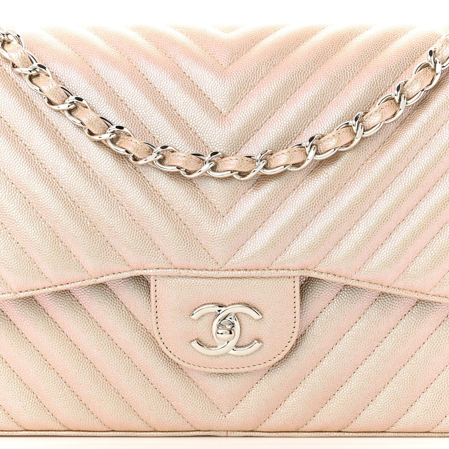 Chanel Metallic Caviar Chevron Quilted Jumbo Double Flap Light Gold 8 of 10