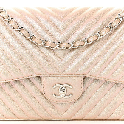 Chanel Metallic Caviar Chevron Quilted Jumbo Double Flap Light Gold 8 of 10