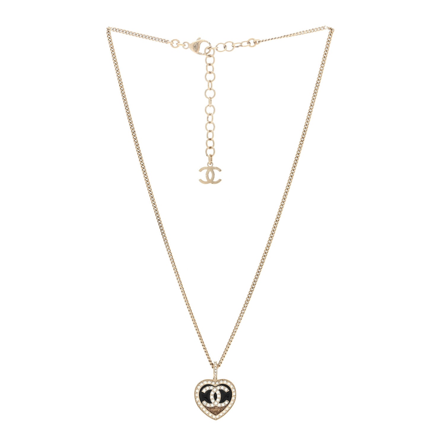 Chanel Resin Crystal Glitter CC Heart Necklace Black Gold 2 of 3