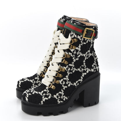 Gucci Tweed GG Monogram Lace Up Combat Ankle Boots 35.5 Black 2 of 10