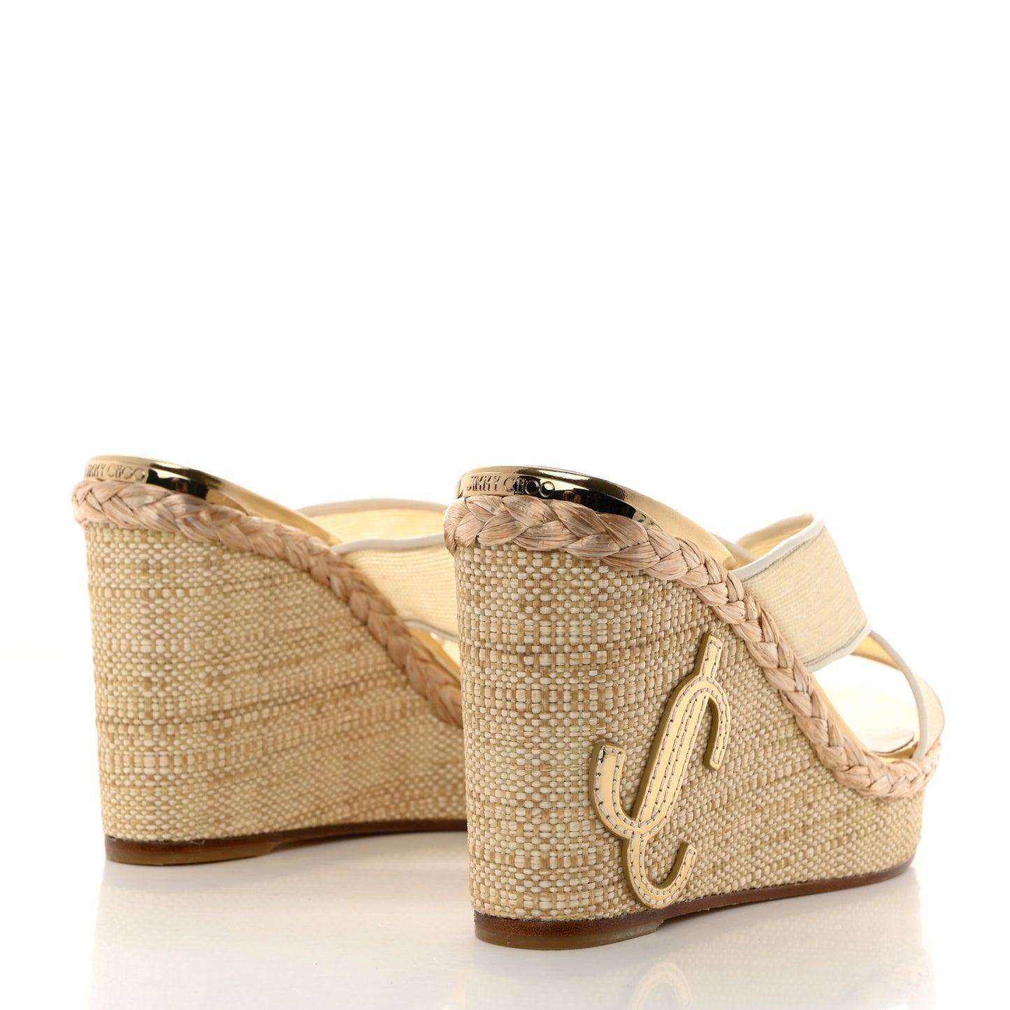 Metallic Mesh Raffia Dovina 100 Wedge Sandals 38.5 Latte Gold