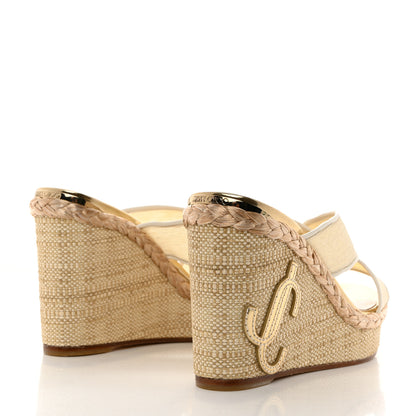 Jimmy Choo Metallic Mesh Raffia Dovina 100 Wedge Sandals 38.5 Latte Gold 4 of 8